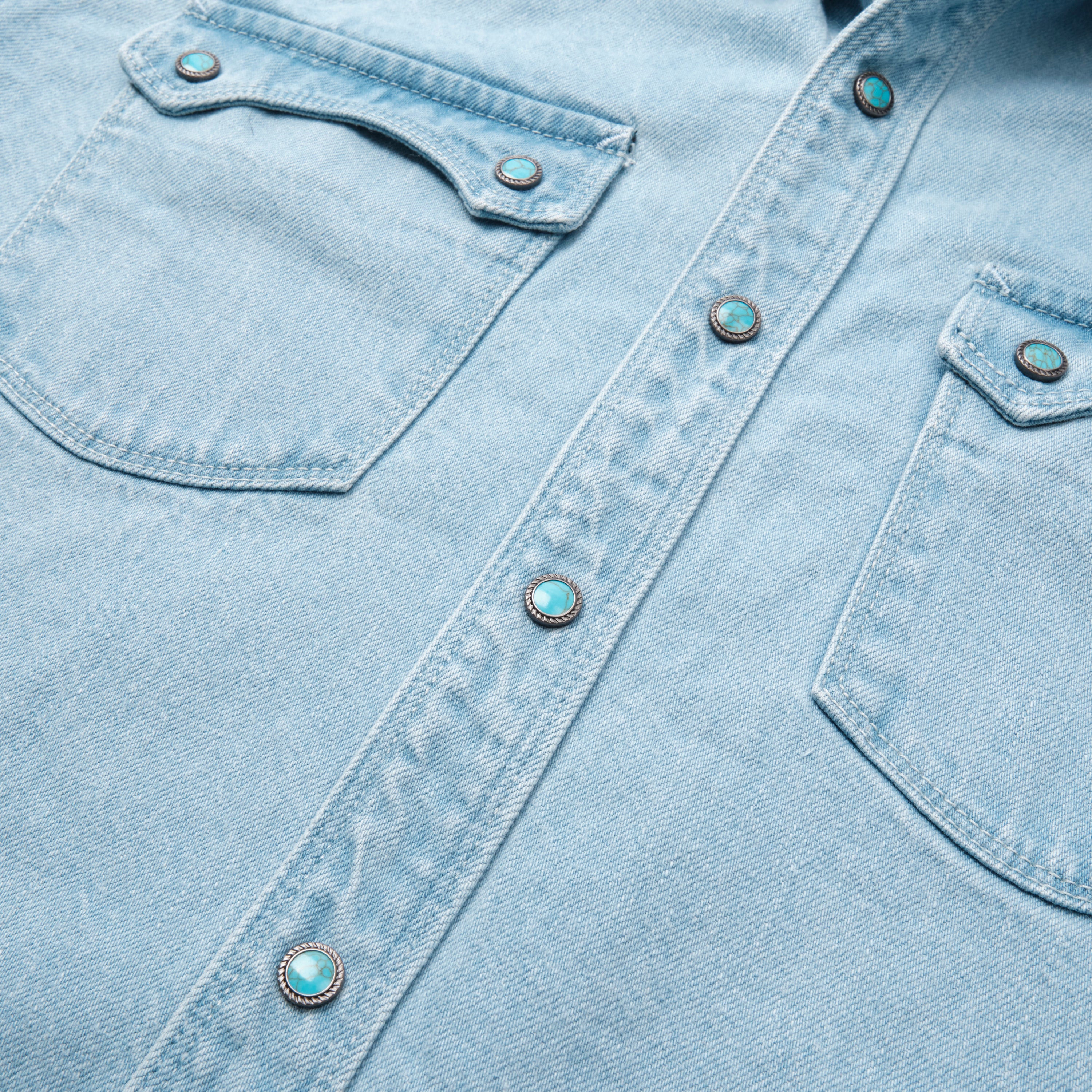 Freenote Cloth Western Turquoise Pearlsnap Selvedge Denim Shirt - Bleached  | Long Sleeve Shirts | Huckberry