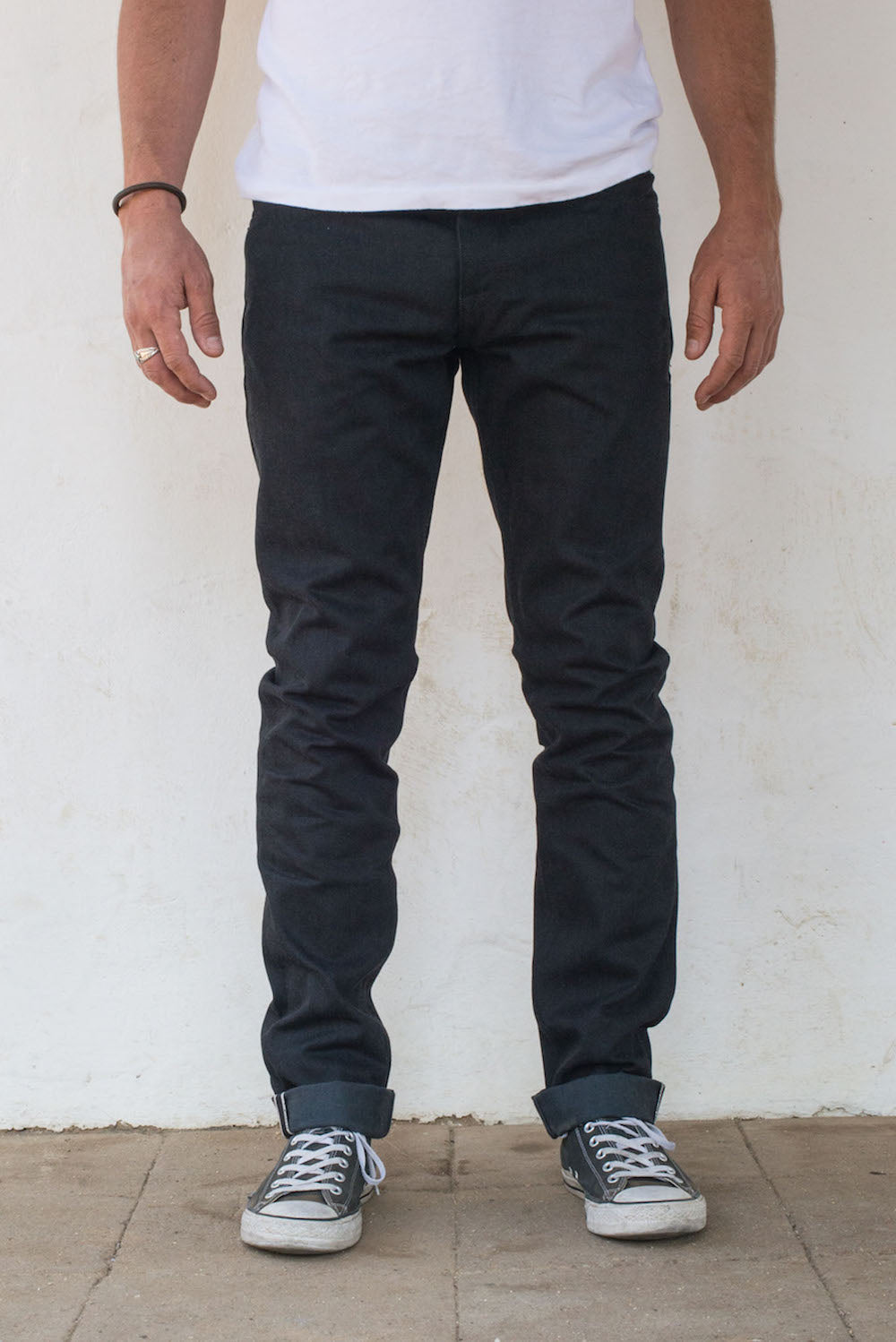 Avila Slim Taper - Raw 14.25 oz Black Grey Denim On Model Front Side