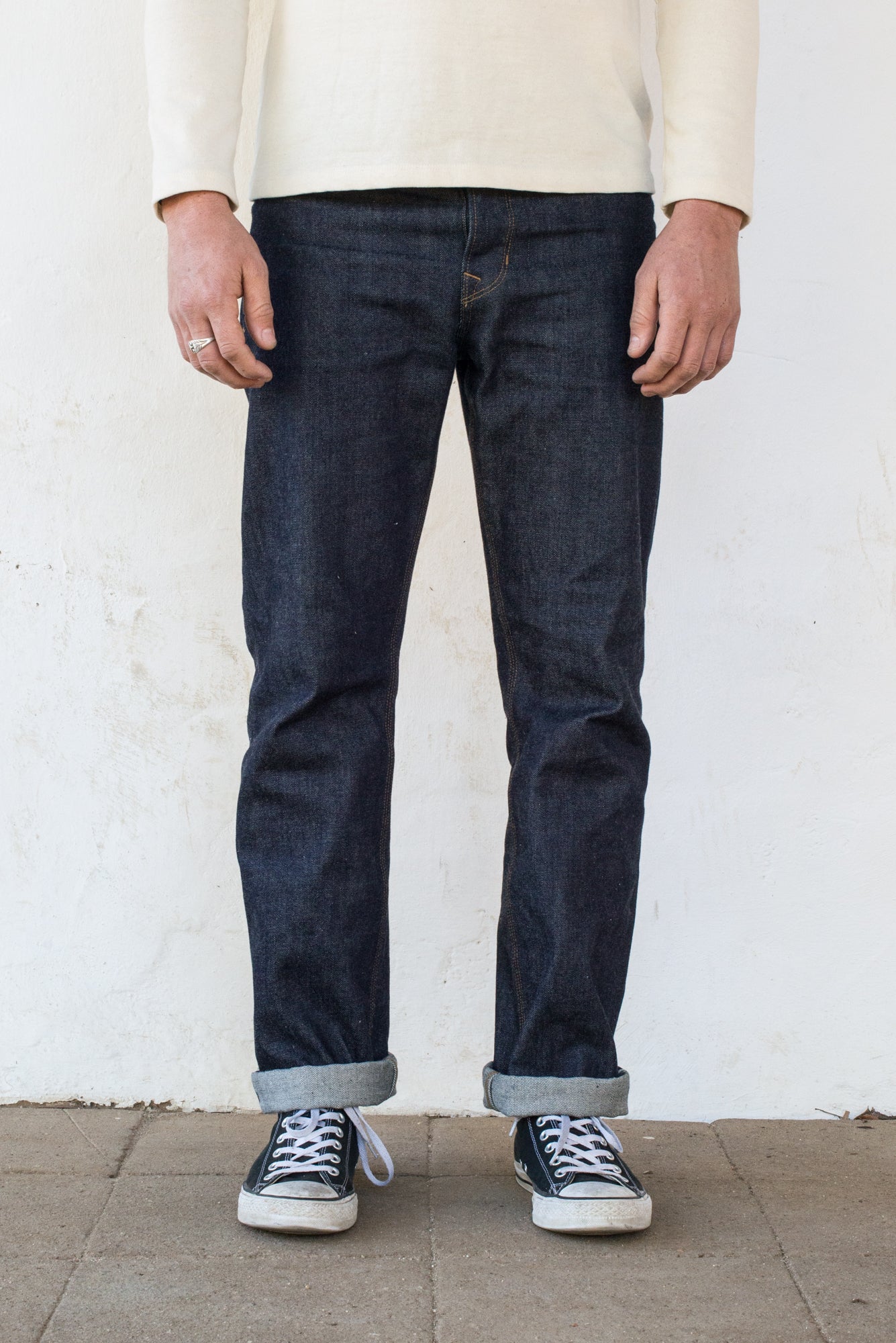 Belford Straight Raw 15 Ounce Indigo Denim On Model