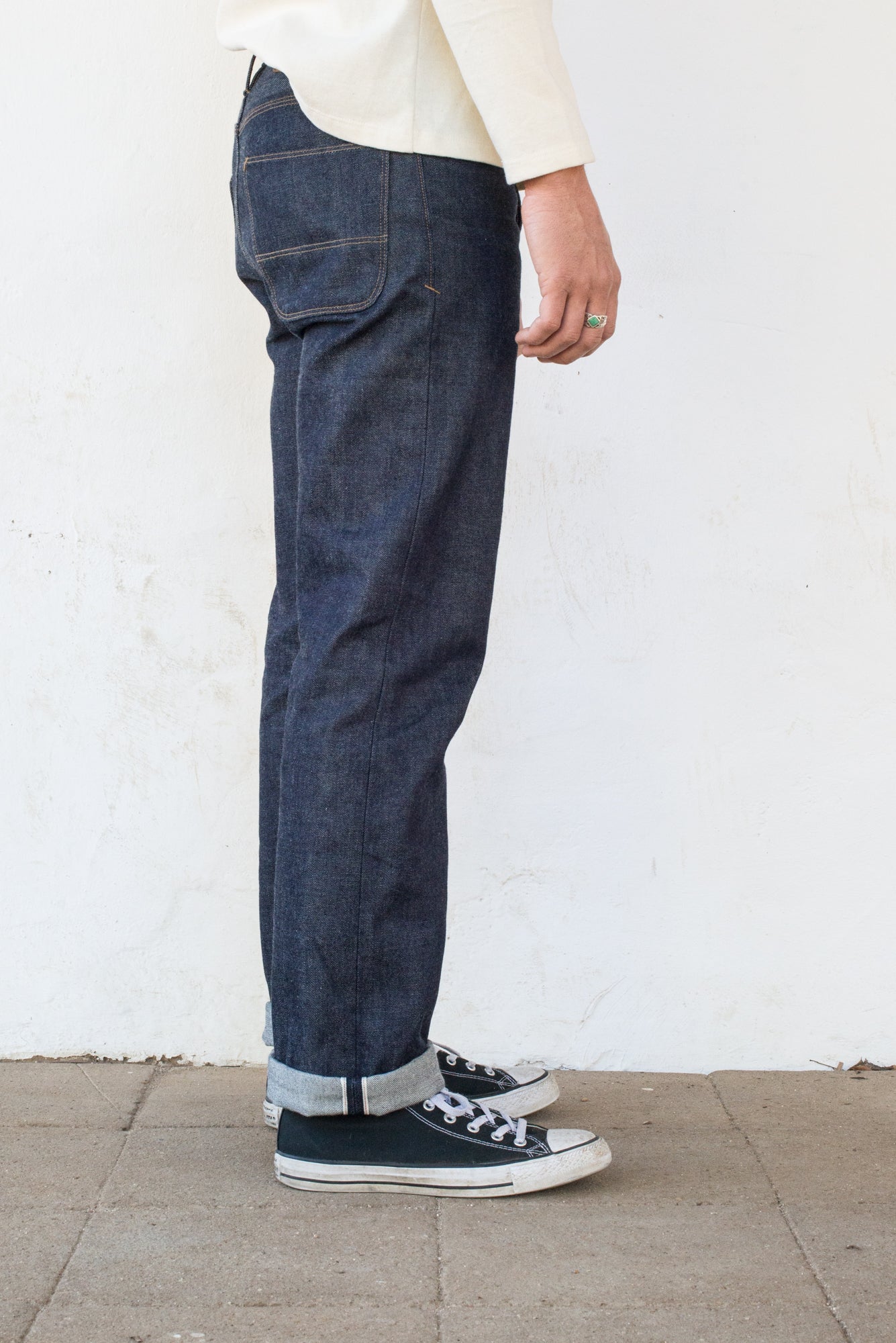 Belford Straight Raw 15 Ounce Indigo Denim On Model Right Side