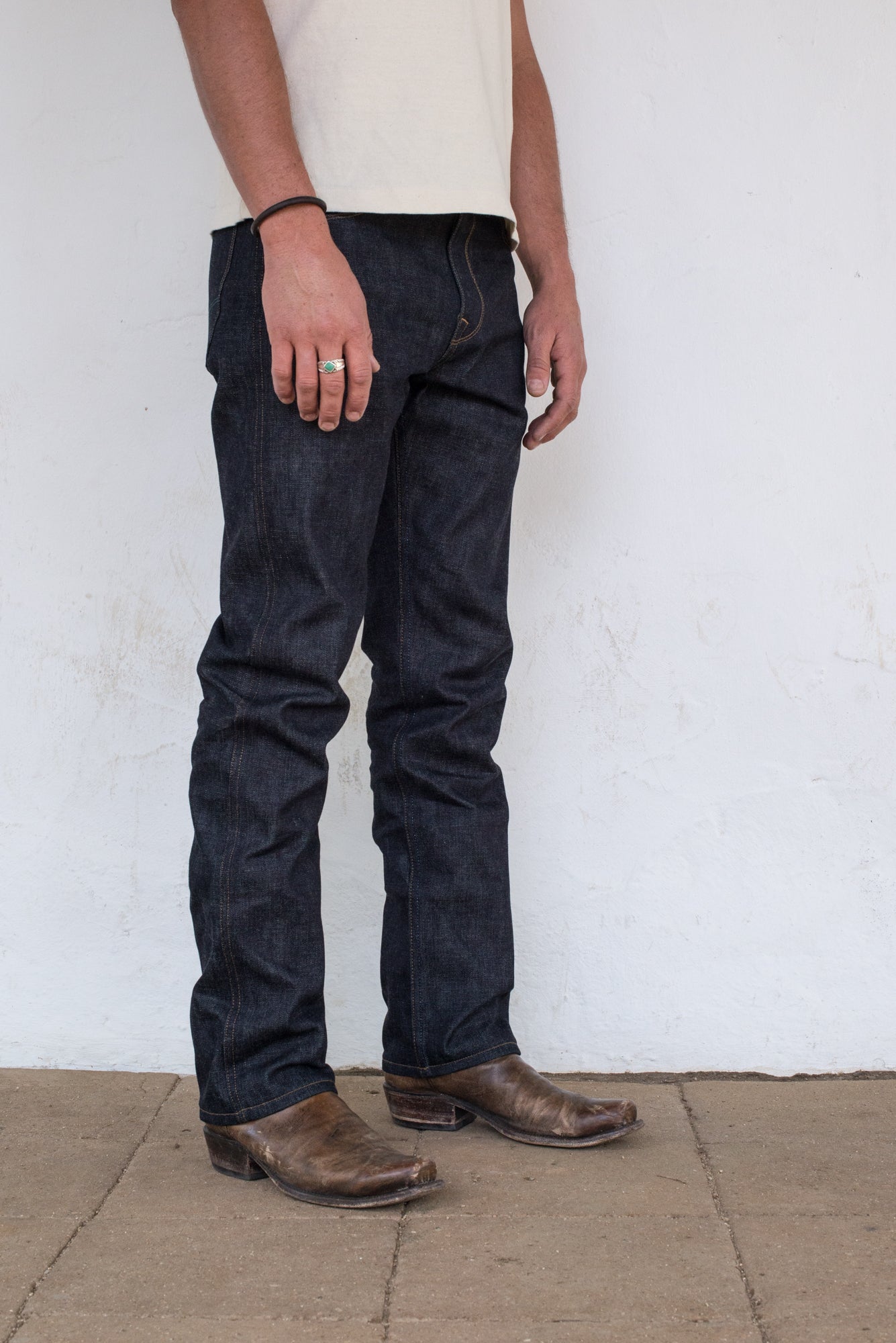 Wilkes Western raw 14.25 oz Broken Twill Japanese Denim On Body Profile