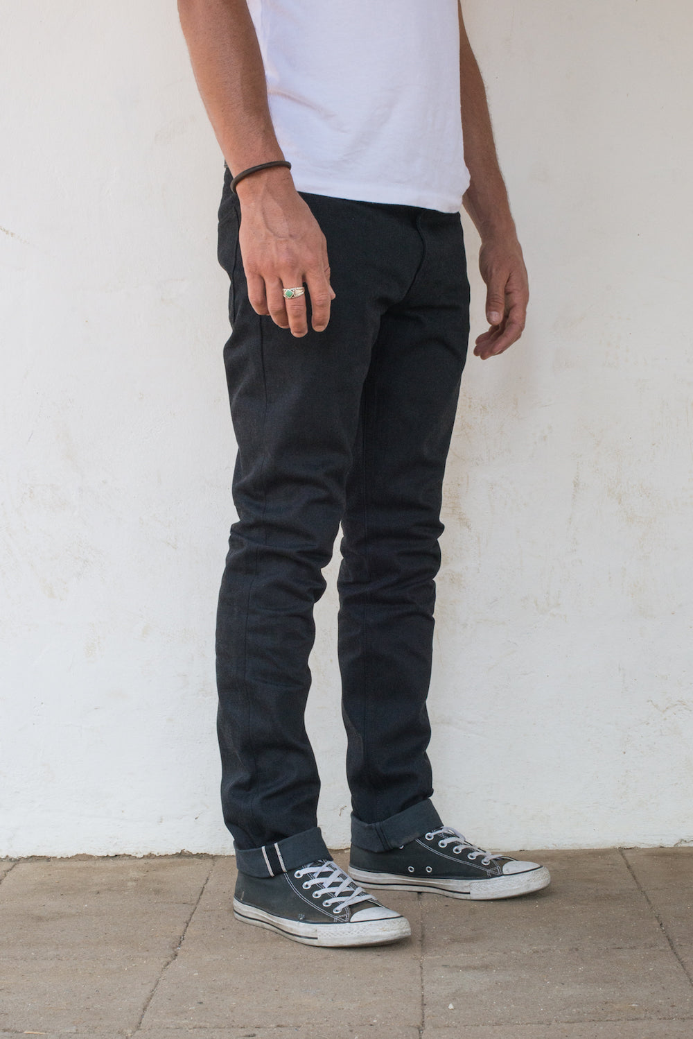 Avila Slim Taper - Raw 14.25 oz Black Grey Denim On Model Profile