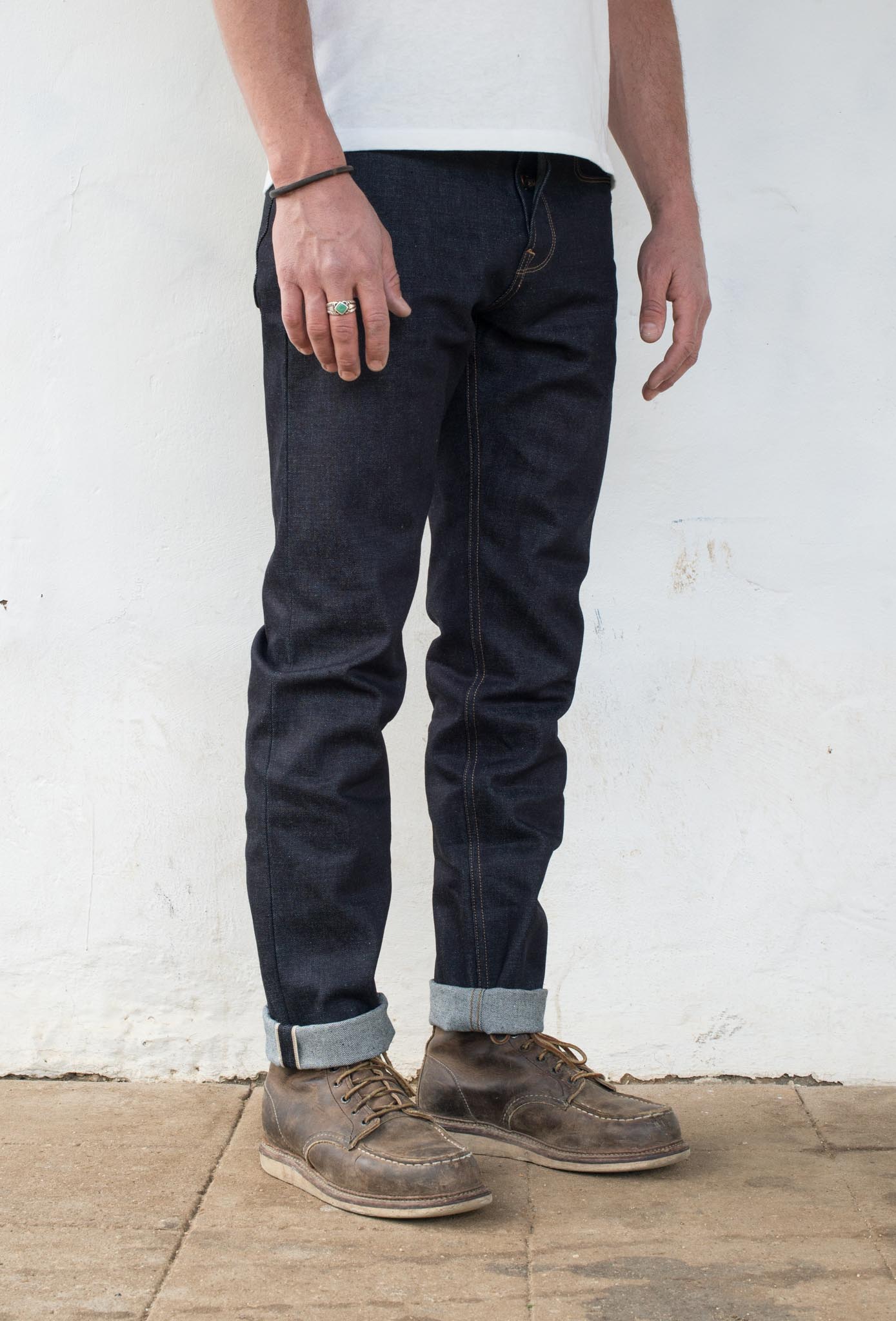 Portola Taper - 14.50 oz Kaihara Denim On Model 3/4 Side