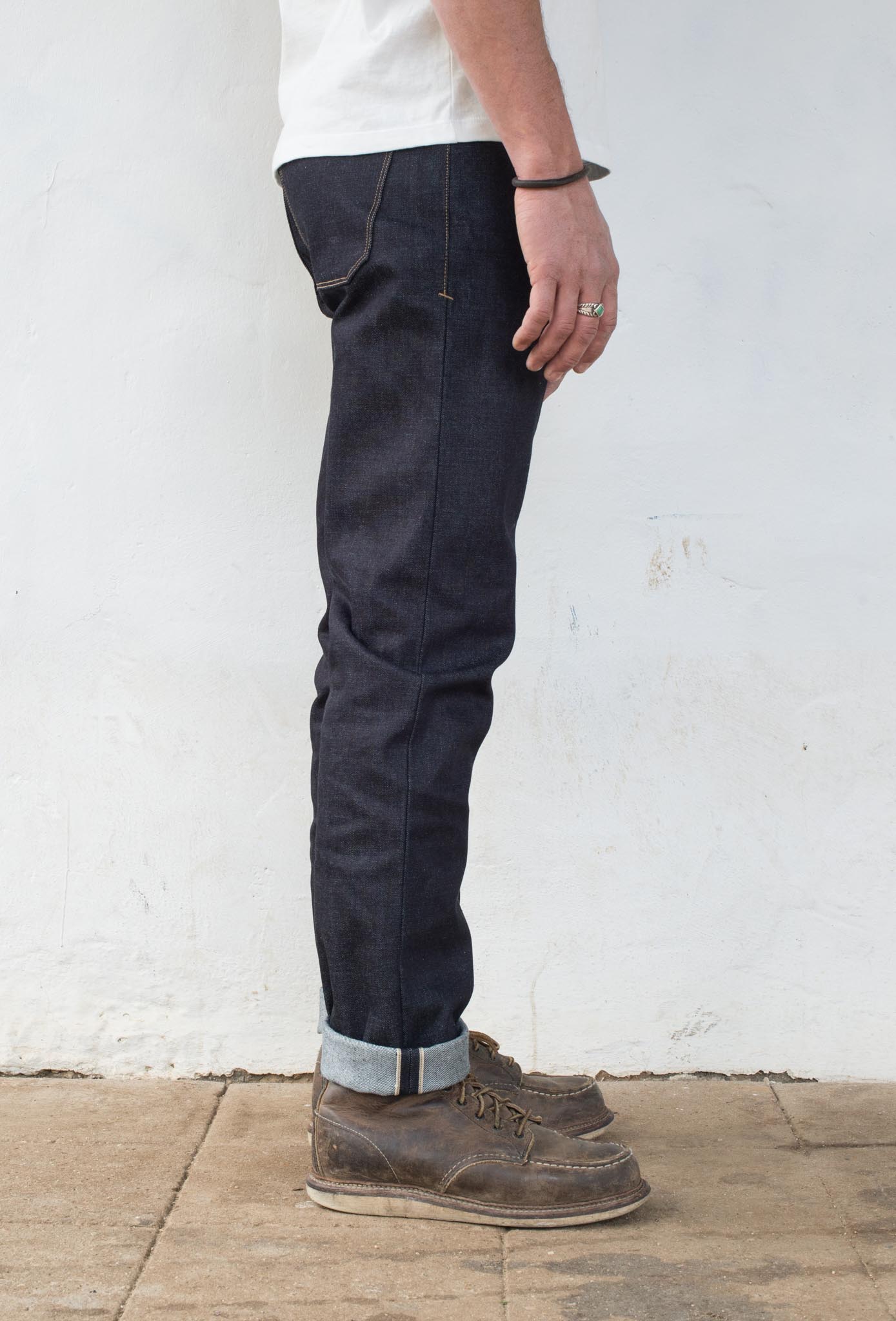 Portola Taper - 14.50 oz Kaihara Denim On Model Side